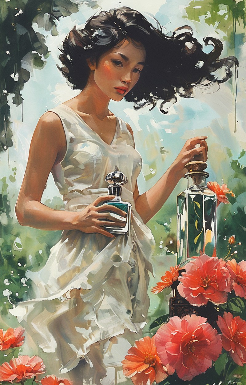 masterpiece,best quality,<lora:tbh223-sdxl:0.9>,illustration,style of Greg Capullo, A bottle of perfume in garden